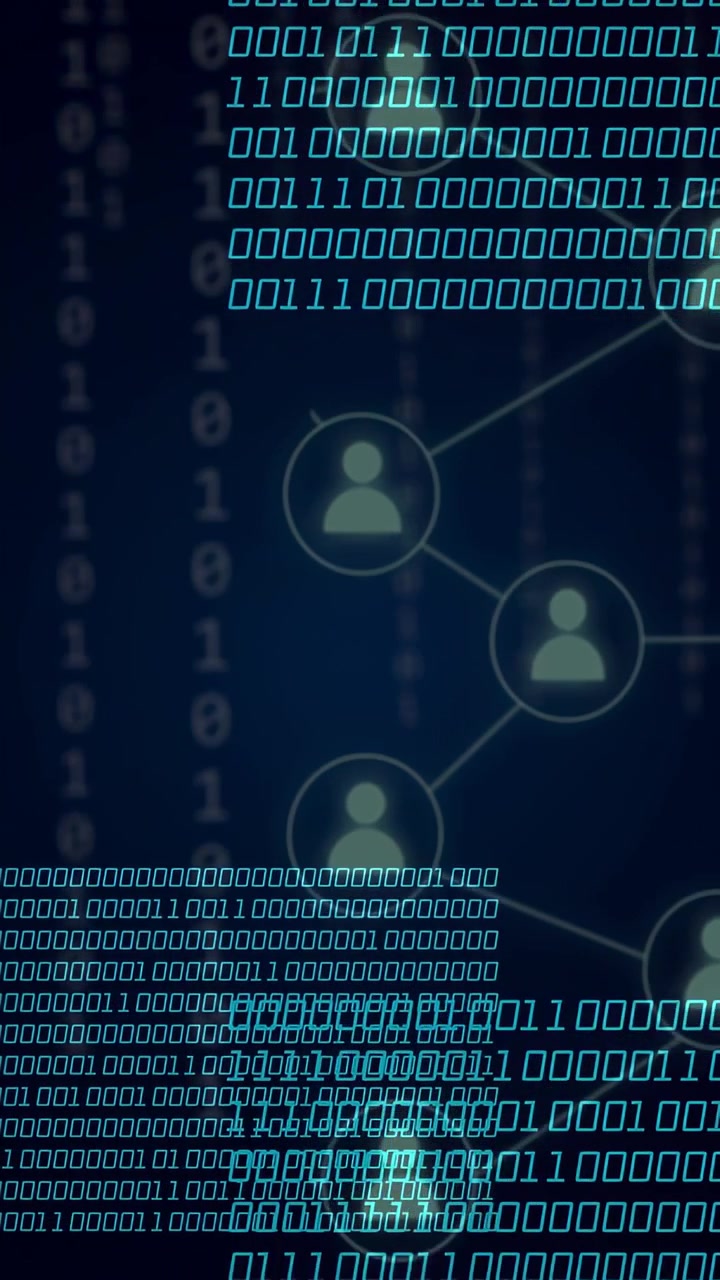 Vertical video: Data pulse sparking cyan matrix rising, growing, shifting to show network flow