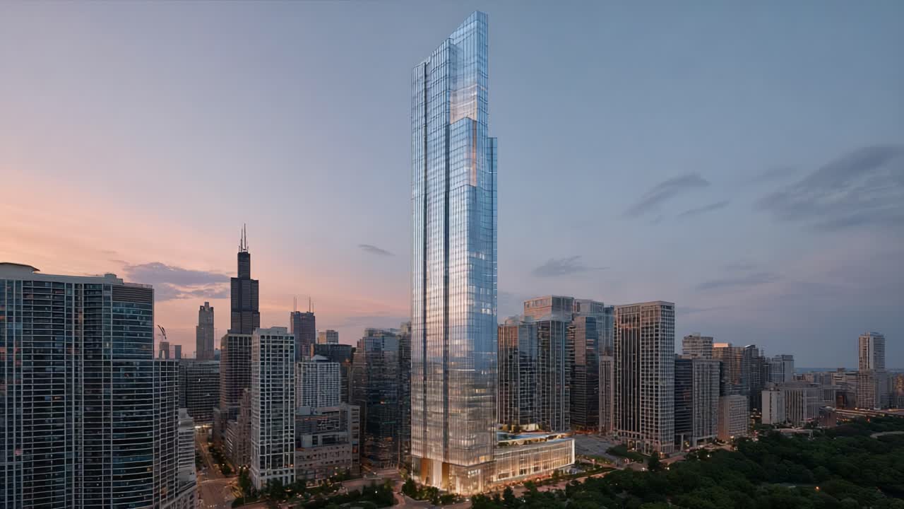 Skyline urbana di transizione: trasformazione giorno-notte di un fantastico grattacielo contemporaneo in un vivace paesaggio urbano