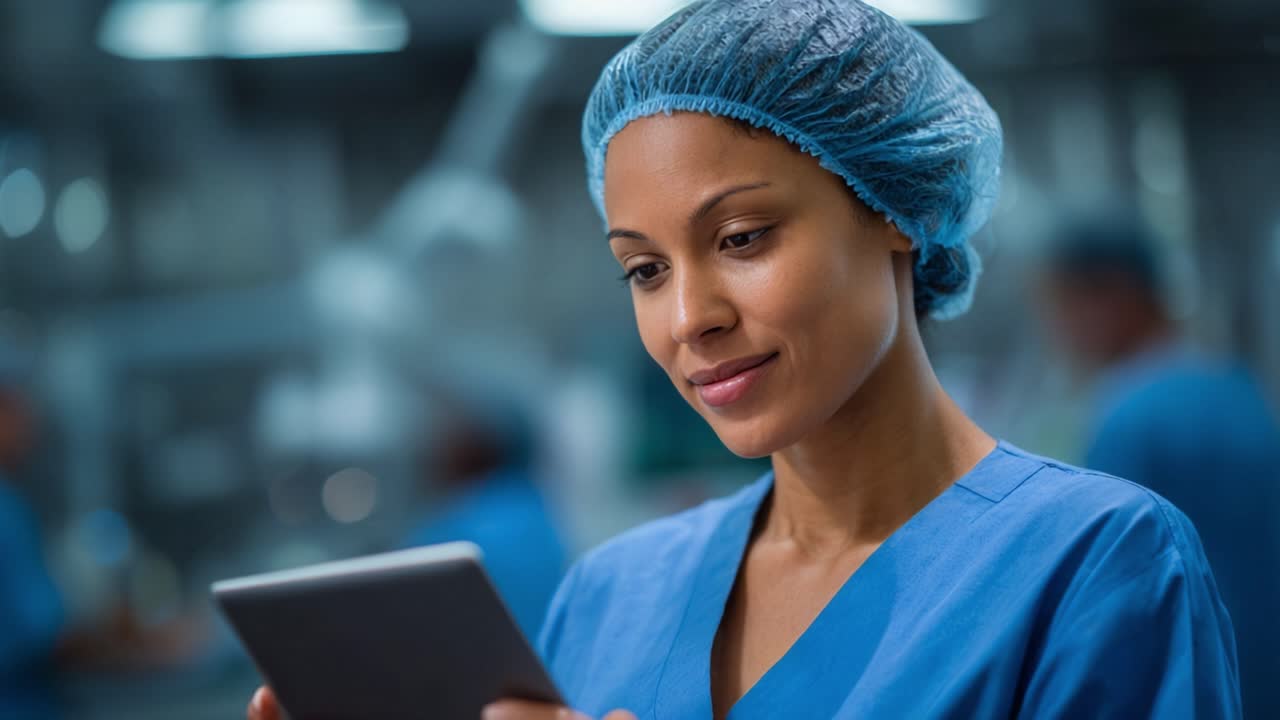 Healthcare Professional in Surgical Attire Engaged with Tablet in a Medical Environment, Focusing on Patient Care and Technological Integration in Medicine
