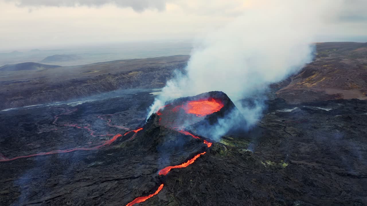 Crater Of The Volcano During Volcanic Eruption At Fagradalsfjall, Iceland - aerial drone shot