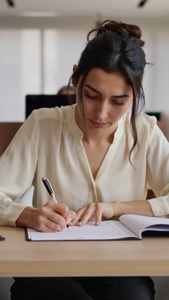 Video verticale: Inquadrando una donna con un top color crema che prende appunti su un quaderno per lavoro alla scrivania, tenendo una penna
