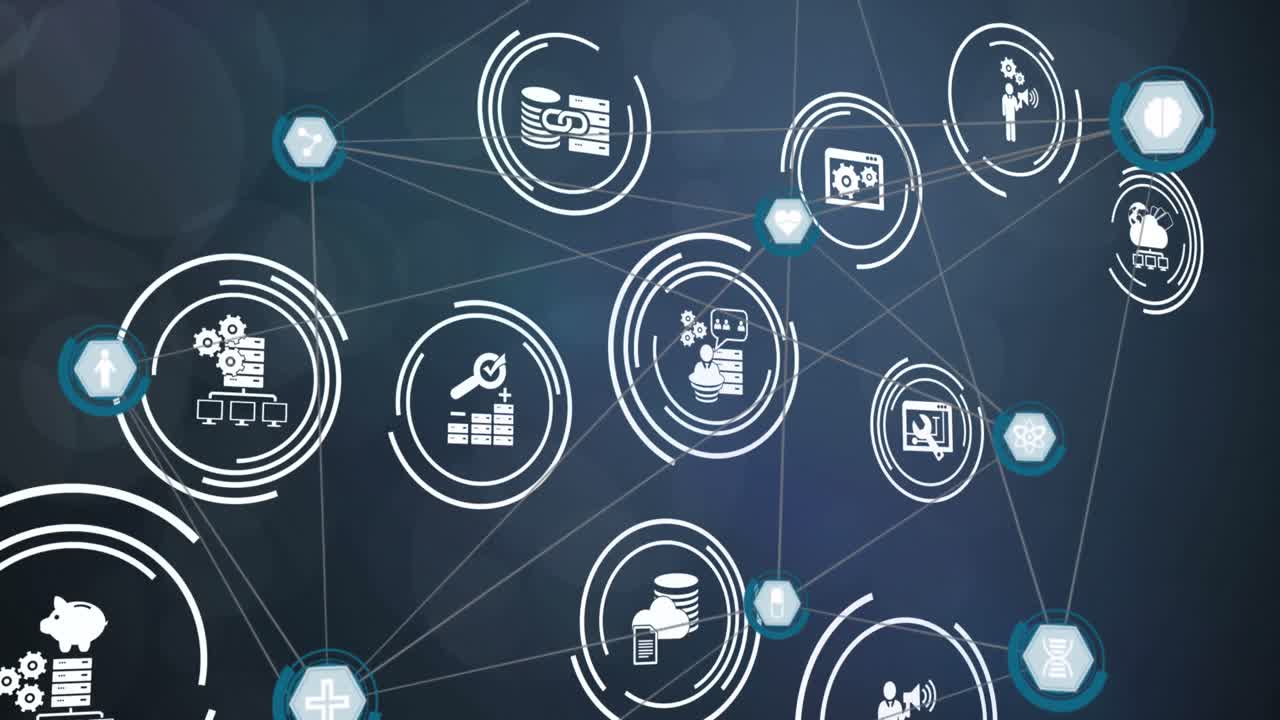 animación de una red de iconos digitales contra puntos de luz sobre un fondo azul