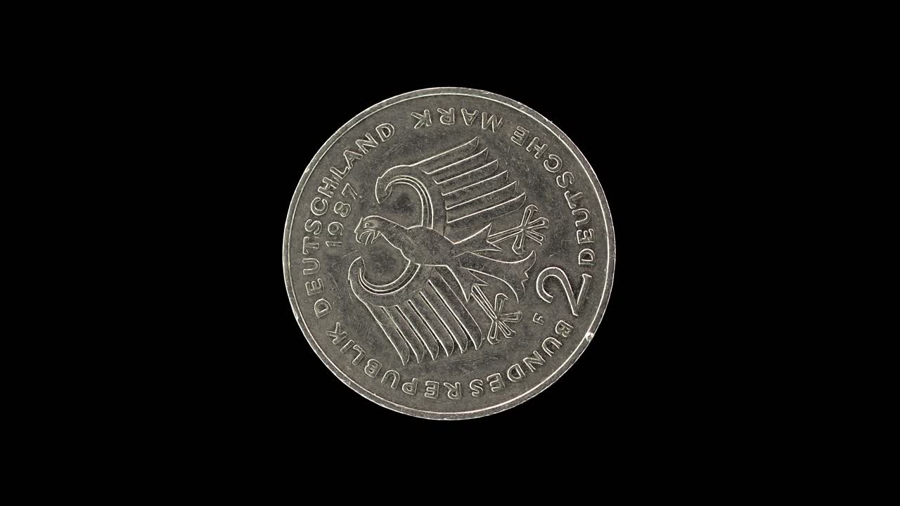 Germany 2 Deutsche Mark reverse with German eagle and denomination, macro loop on black background