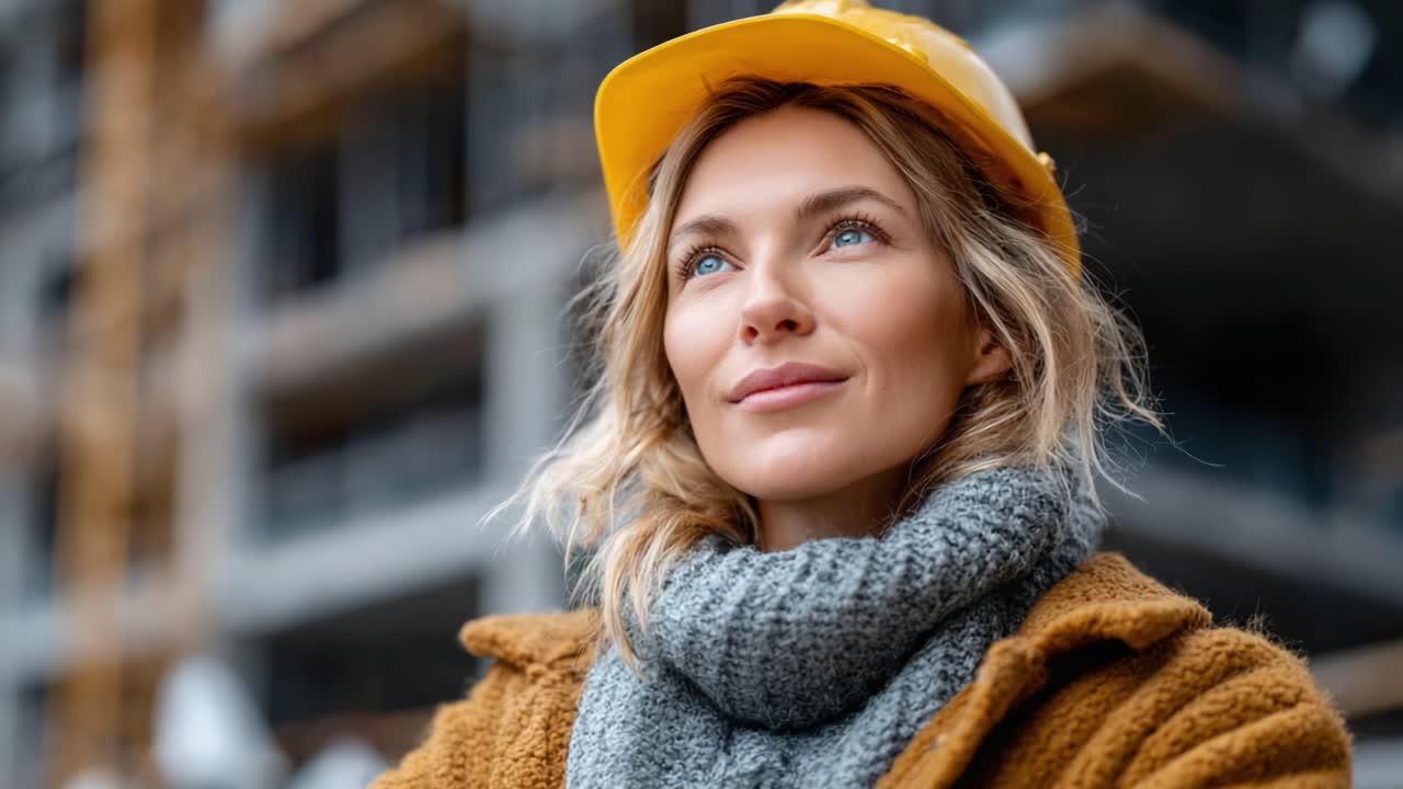 En selvsikker kvinde på en byggeplads, iført hat og varmt tøj, udtrykker beslutsomhed og fokus, mens hun ser ud i det fjerne, hvilket repræsenterer styrke og professionalisme i branchen.