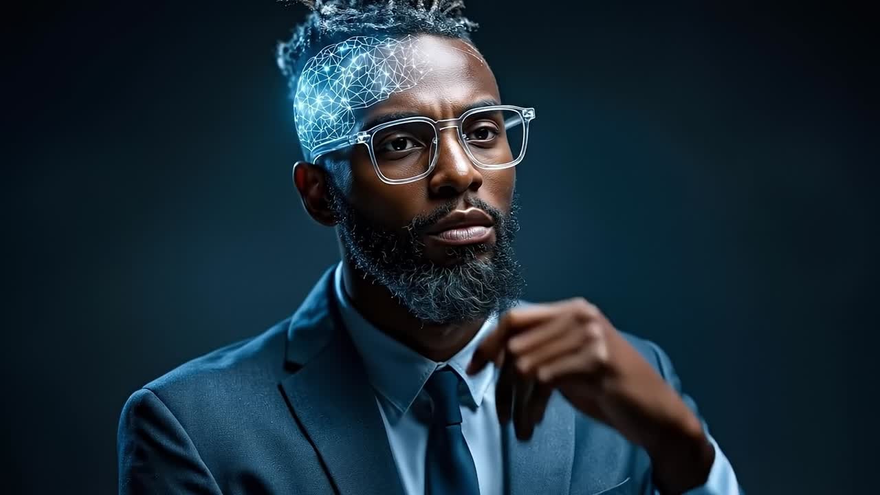 A man in a suit and tie with a futuristic headpiece on his head