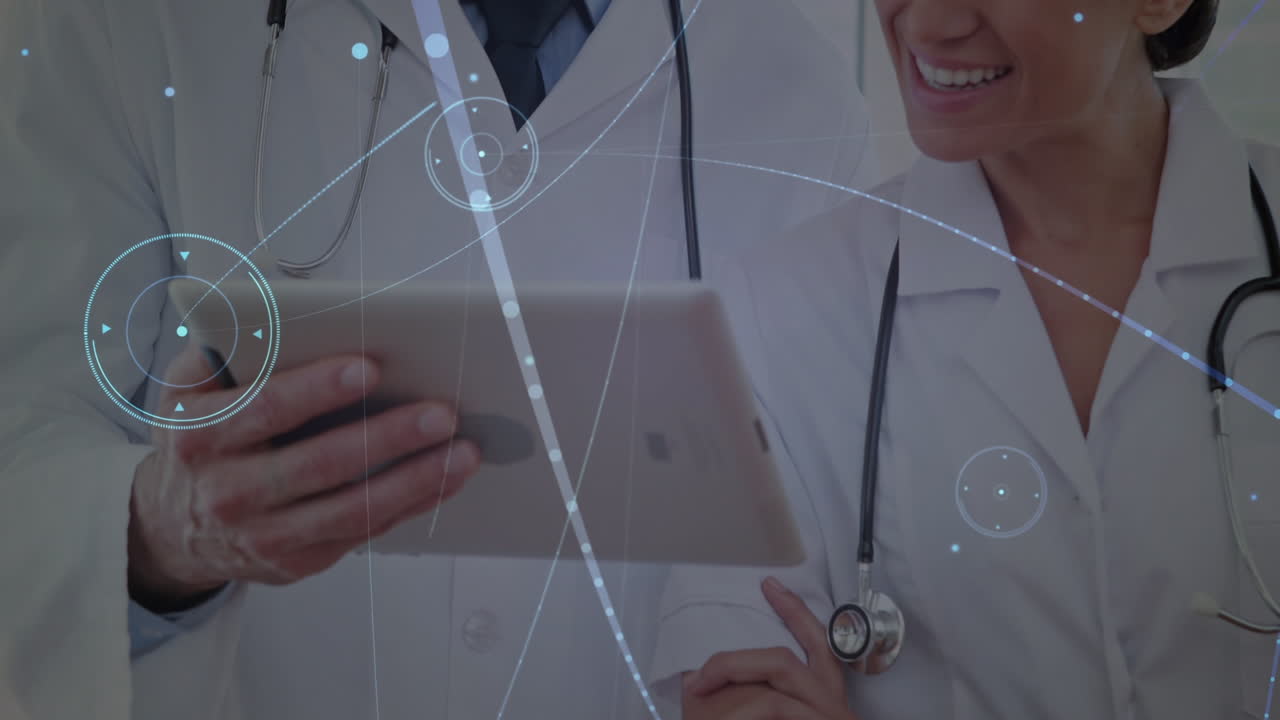 Animación de red de conexiones sobre médicos caucásicos.
