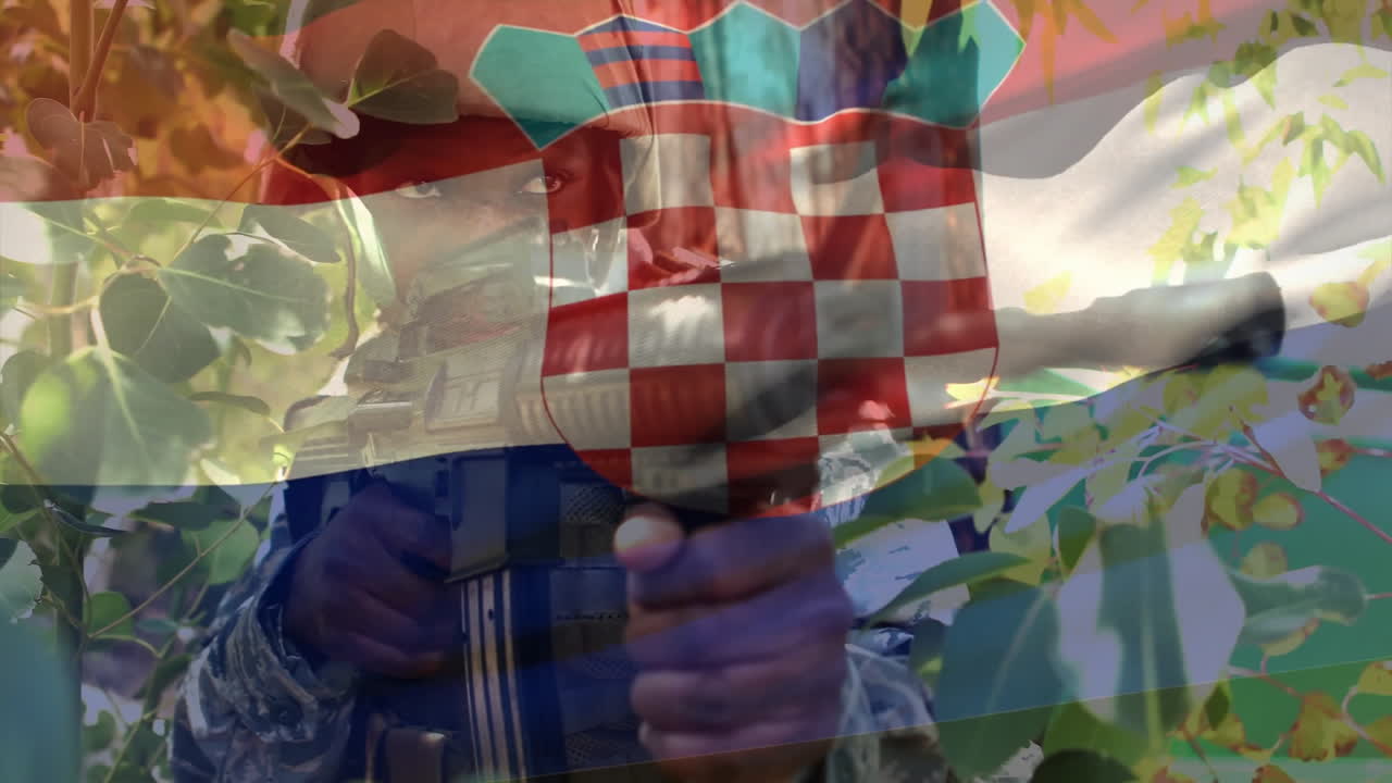 크로아티아의 발이 아프리카계 미국인 남성 군인과 소총을 고 있는 애니메이션