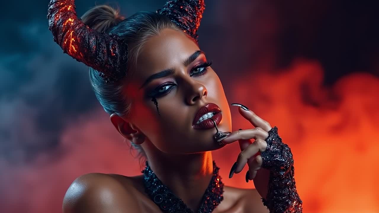 En kvinde klædt ud som en djævel med horn på hovedet