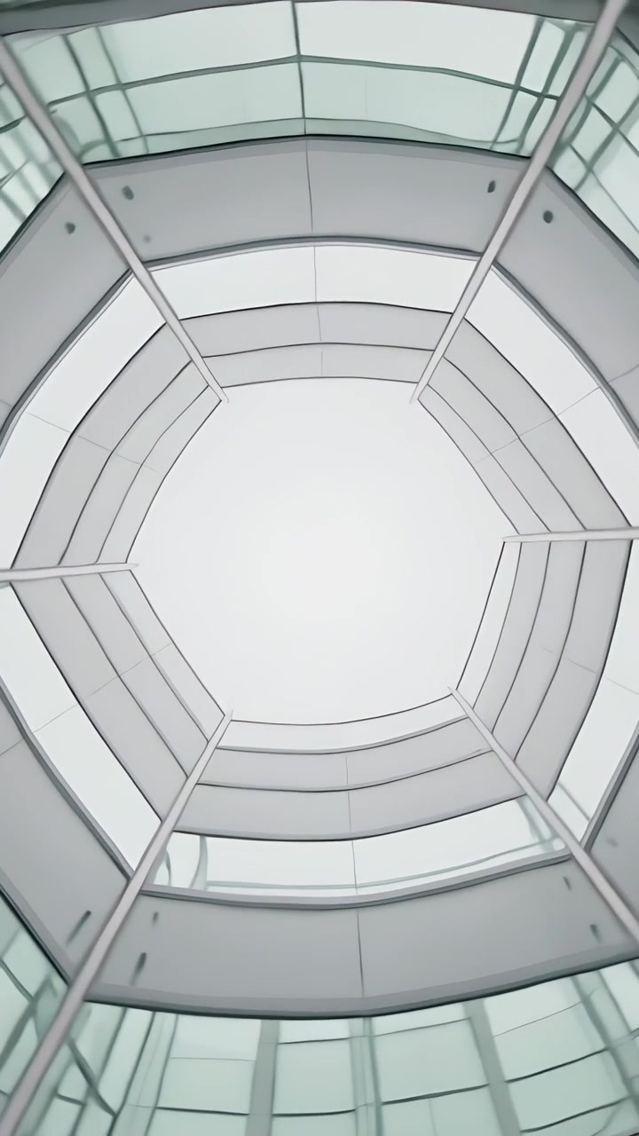 Video verticale: Inizio della rotazione della telecamera che rivela il lucernario e le passerelle nell'atrio per mostrare il design