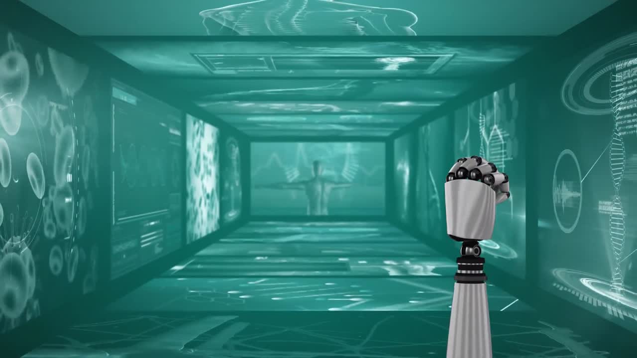 mano robótica haciendo un puño contra el procesamiento de datos médicos