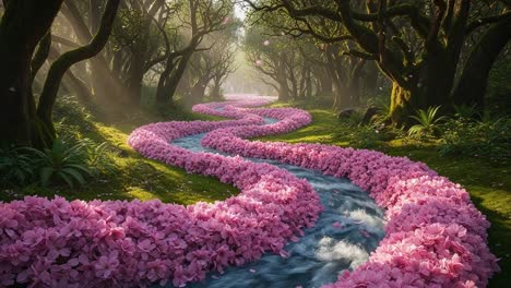 A Serene Path Through a Tranquil Blossom-Laden Forest: An Enchanting Scene Where a Meandering Stream Flows Among Vibrant Pink Petals in a Magical Landscape