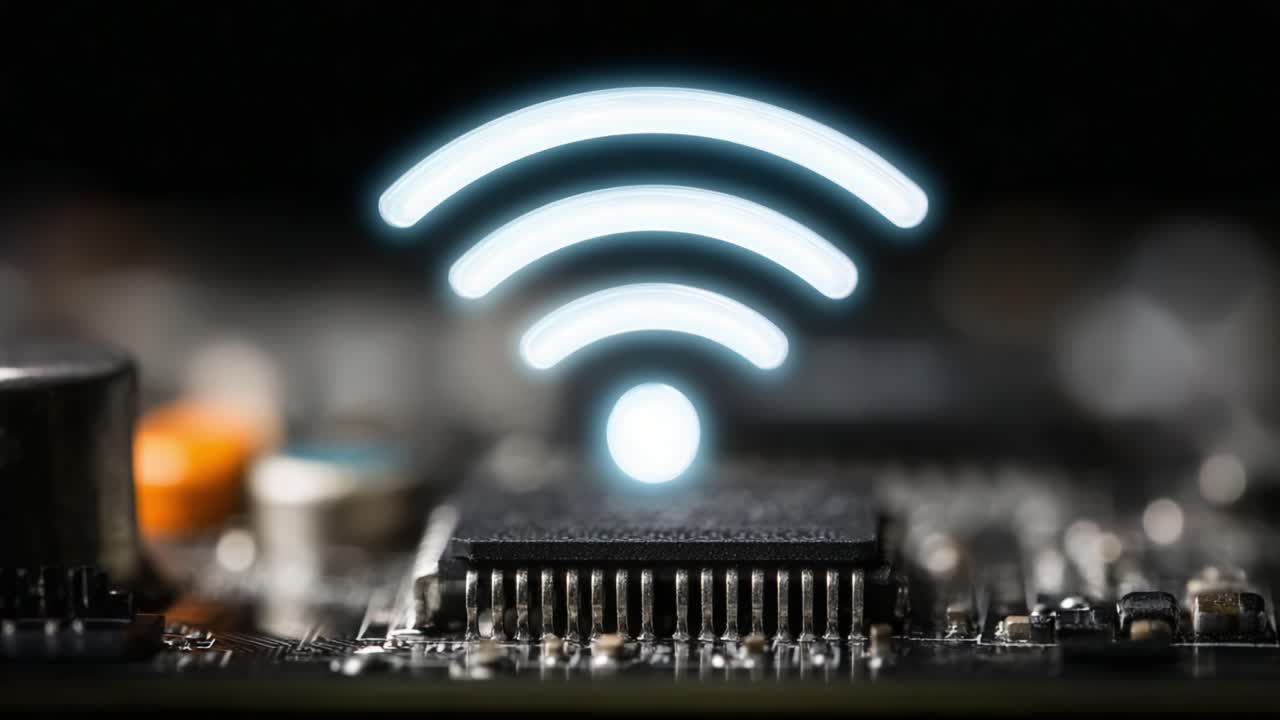 Close-Up of a Circuit Board Featuring a Vibrant Wireless Signal Icon Illustrating Modern Connectivity Technology and Network Communication Advancements in Electronics