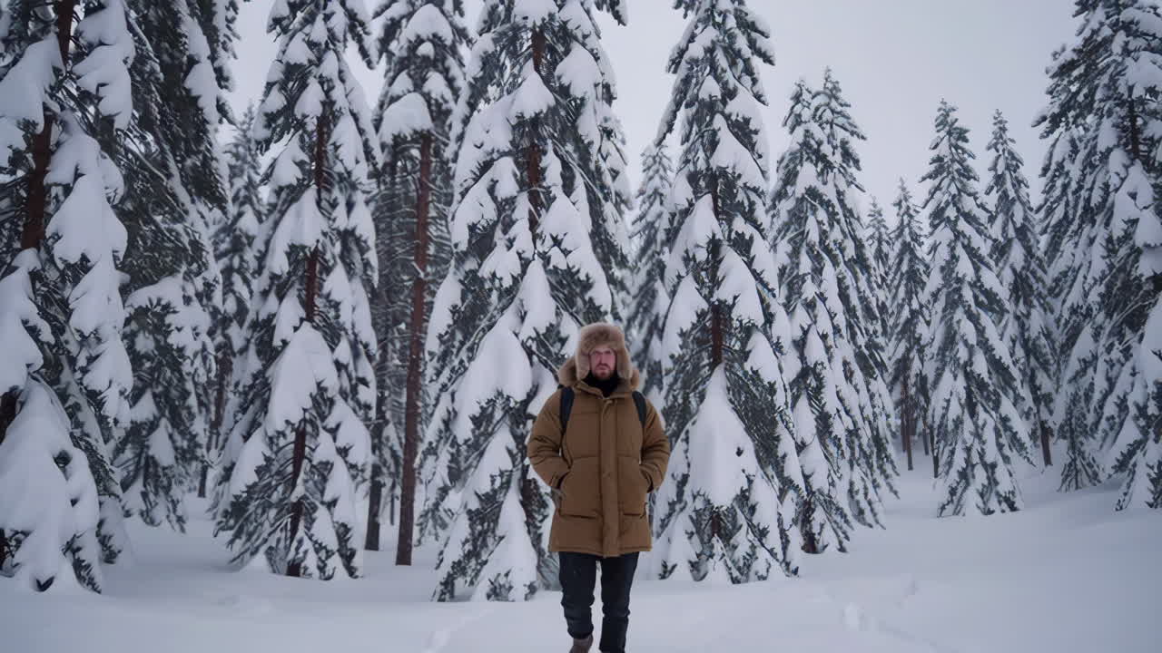 hombre caminando en el bosque nevado
