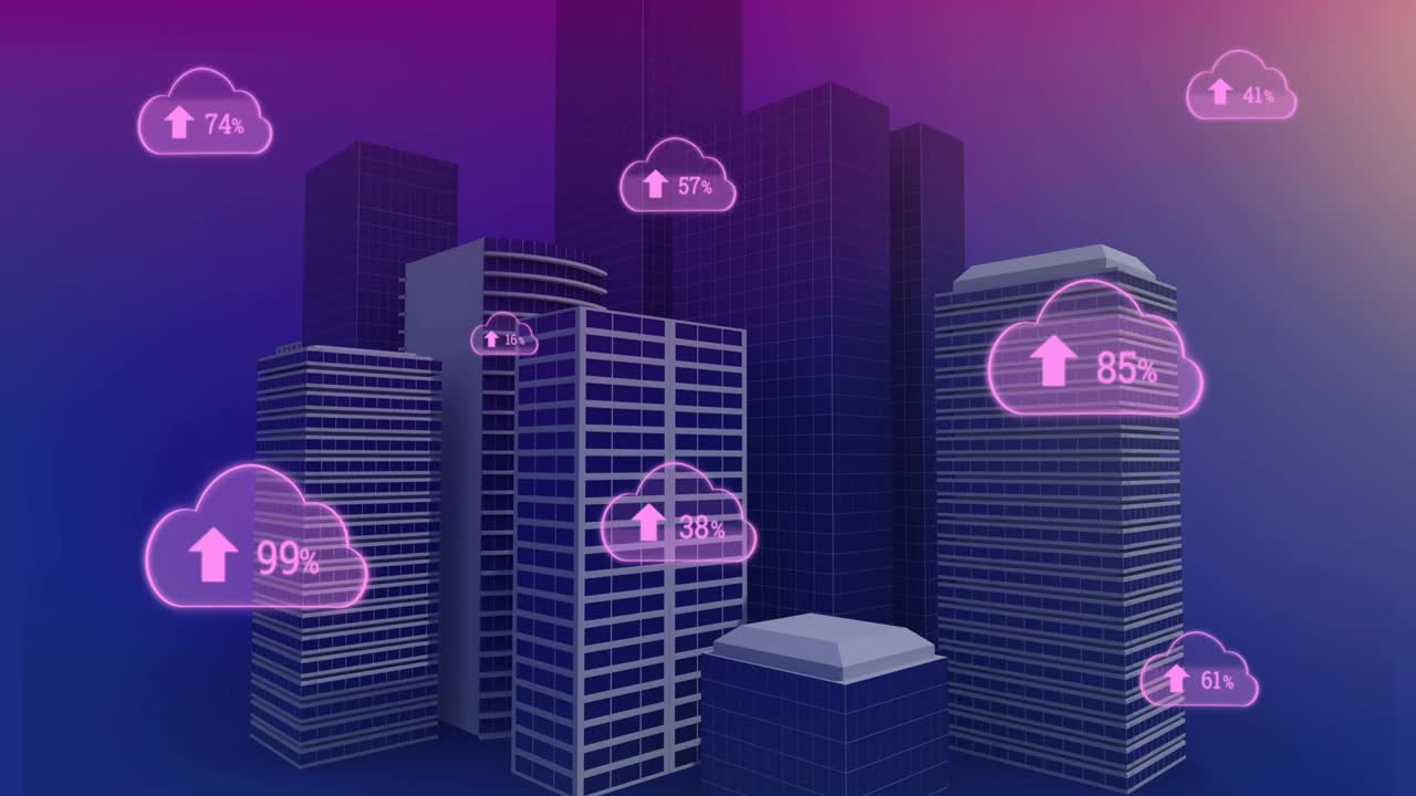 animación de múltiples nubes rosadas con un porcentaje de crecimiento sobre el paisaje urbano