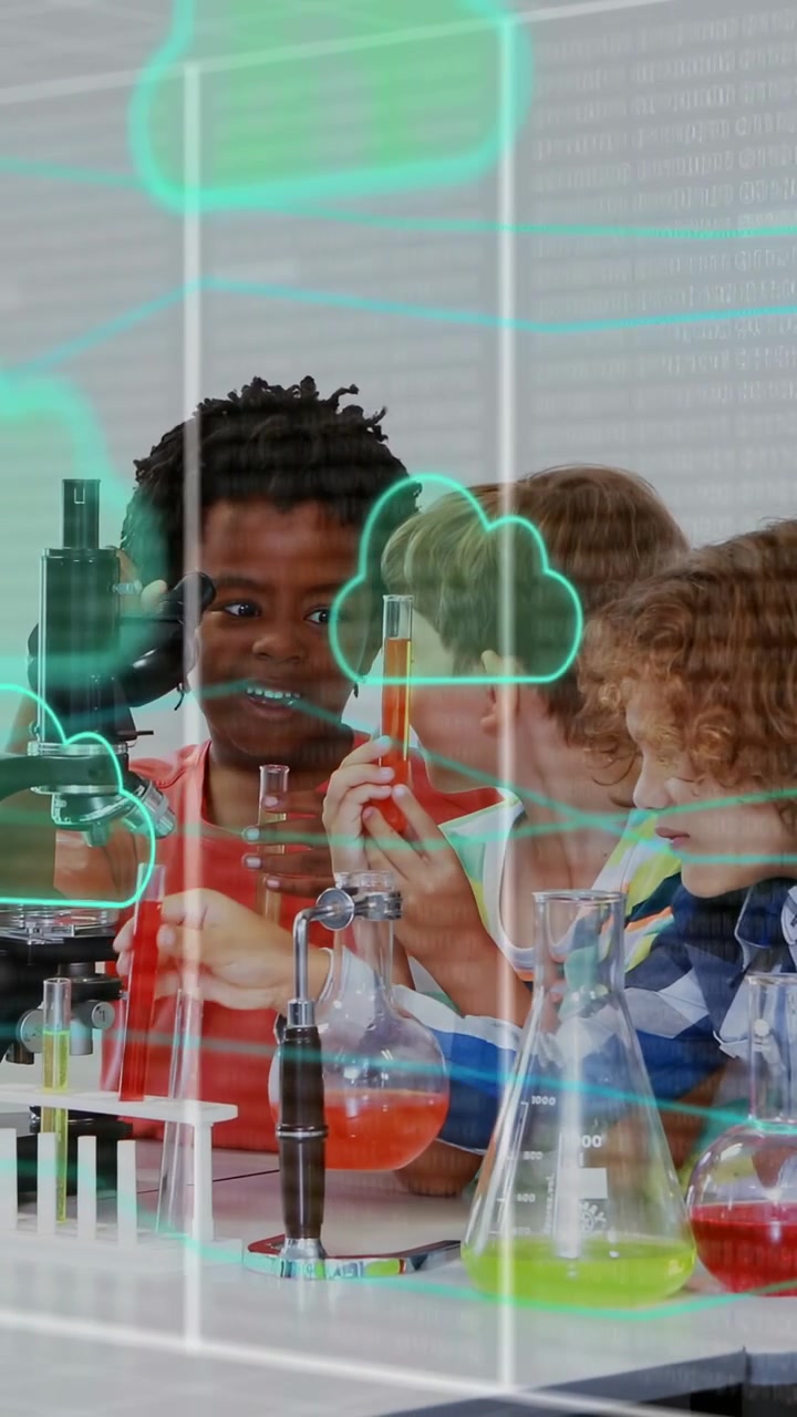 Vertical video: Girl writing board urging class testing tubes, seeing results, neon grid overlaying