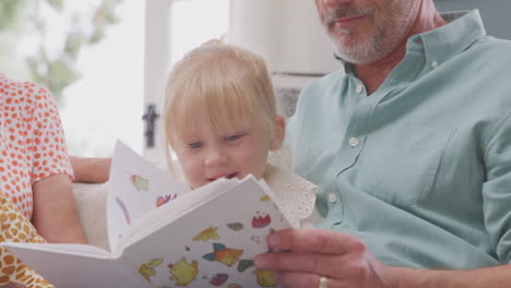 close up of grandparents sitting on sofa with granddaughter at home reading book together