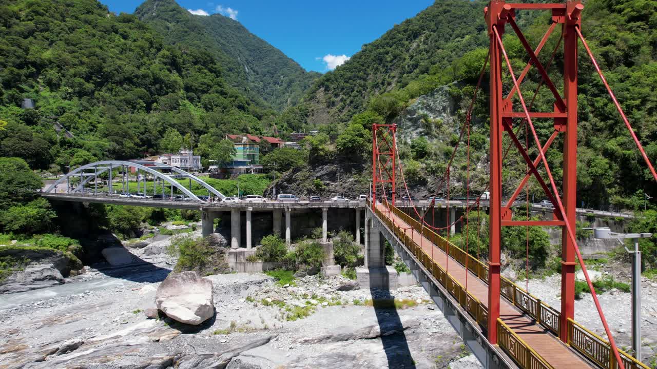 Aerial view of Xiangde Temple and the beautiful entrance bridge in Taroko National Park, Hualien county district, Taiwan