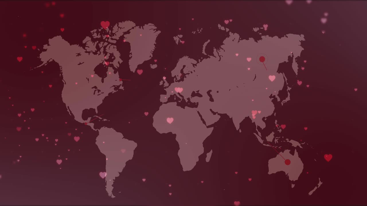 animación de iconos de corazón sobre el mapa del mundo