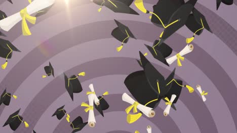Multiple-graduation-hat-and-diploma-icons-falling--against-multiple-circles-on-purple-background