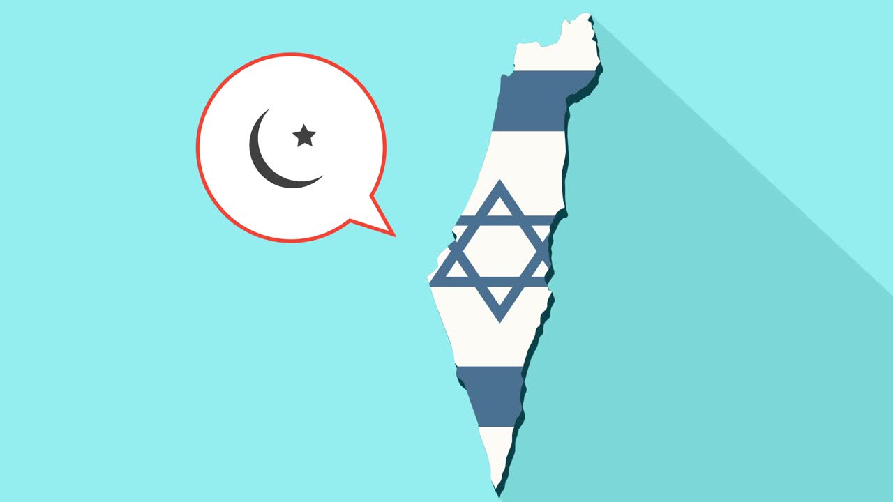 animación de una larga sombra mapa de israel con su bandera y un globo cómico con un signo islámico
