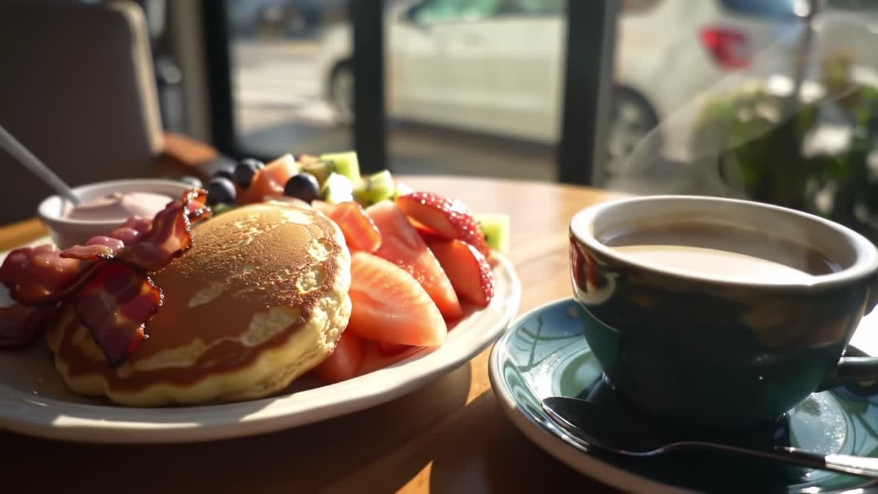Delicious Breakfast Spread Featuring Pancakes, Fresh Fruits, and Coffee Perfect for a Morning Meal in a Cozy Cafe Setting