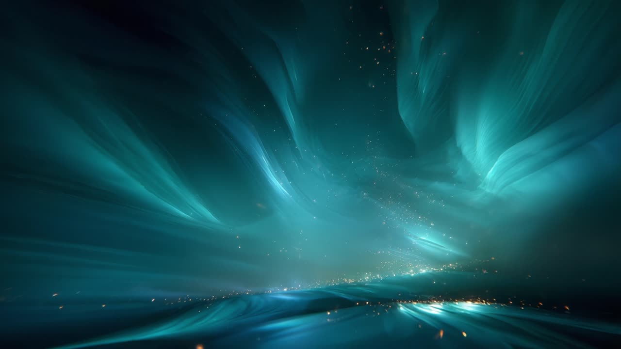 Mesmerizing ethereal landscape with glowing particles dancing under a swirling aurora borealis, creating a magical and fantastic atmosphere perfect for futuristic or science fiction concepts