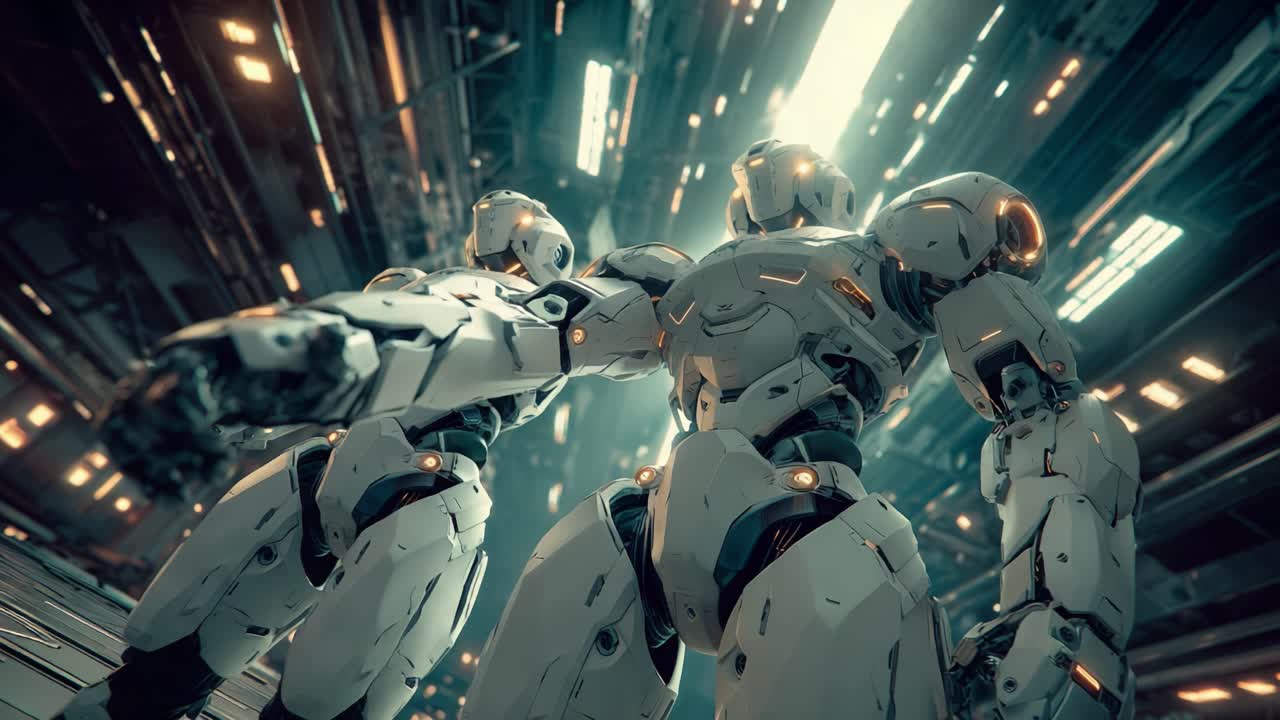 Futuristic Robotic Sentinels Prepare for Action in an Advanced Technological Environment: The Two Frames Showcase Unique Perspectives on Their Intricate Design and Functionality within a High-Tech Setting