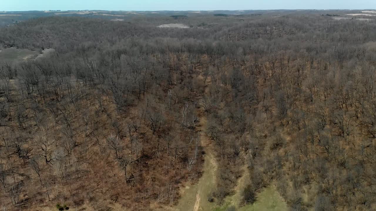 Drone pans up revealing forest in rural Wisconsin.