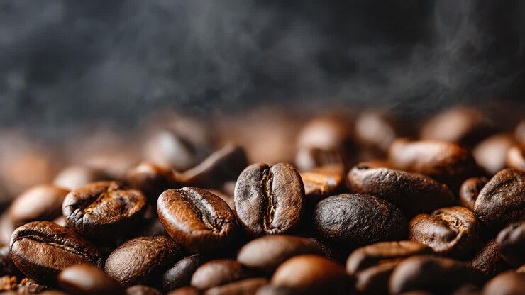 A Close-Up Exploration of Roasted Coffee Beans, Showcasing Their Rich Color and Texture Amidst a Background of Gentle Steam and Aroma