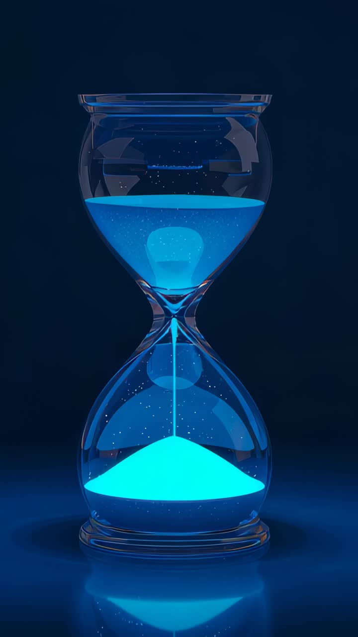 Vertical video: Starting thin stream, glass hourglass pouring blue sand on navy base marking time