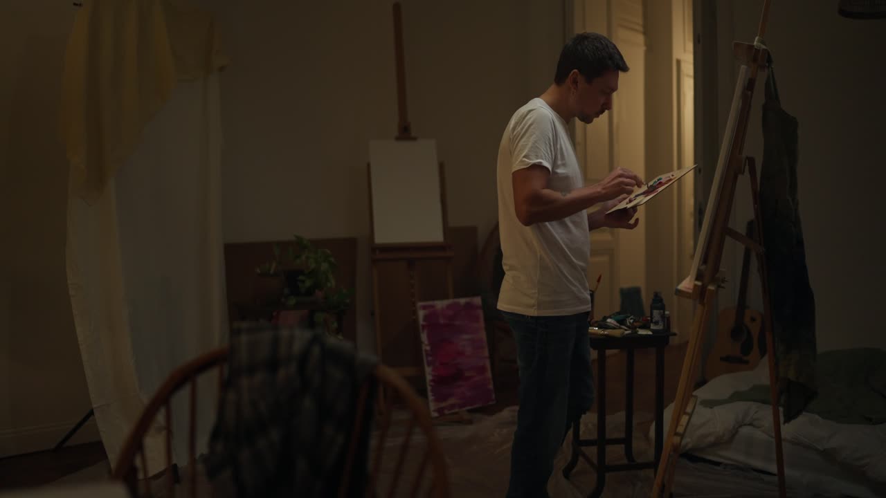 Artist Painting in a Home Studio at Night