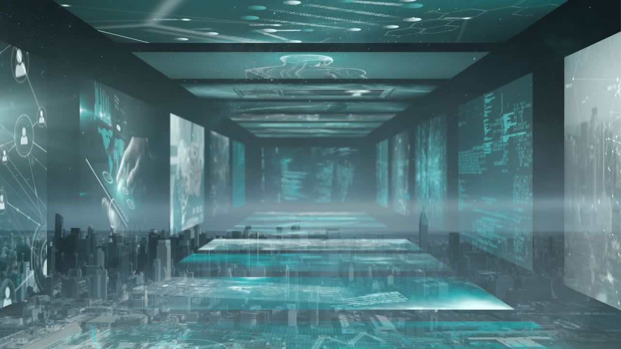 디지털 태블릿을 사용하는 사람이 도시 풍경을 배경으로 데이터를 처리하는 애니메이션