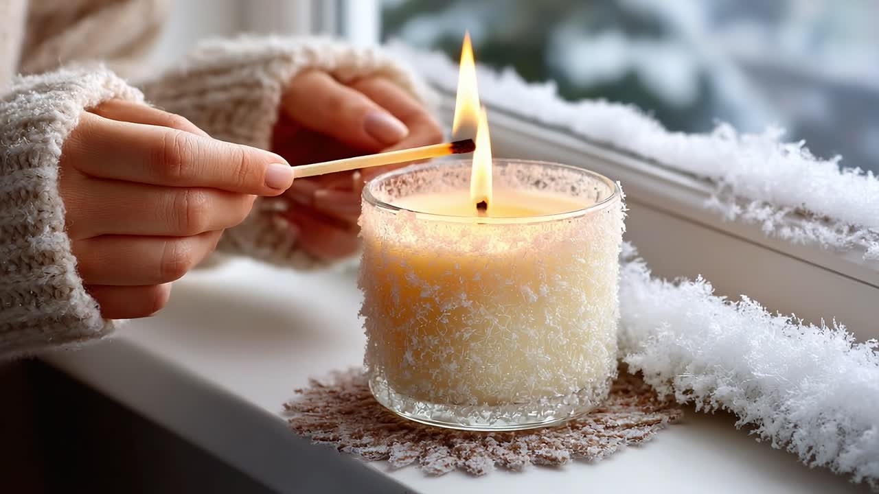 A Cozy Winter Scene: Lighting a Scented Candle with a Match in a Frosted Window Setting, Perfect for Creating a Warm Atmosphere During the Cold Season