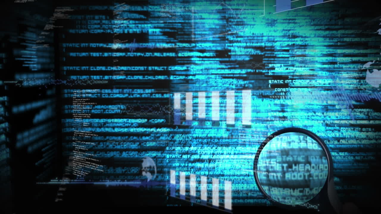 animación de datos, luces, huellas dactilares y manos de hombre caucásico con lupa