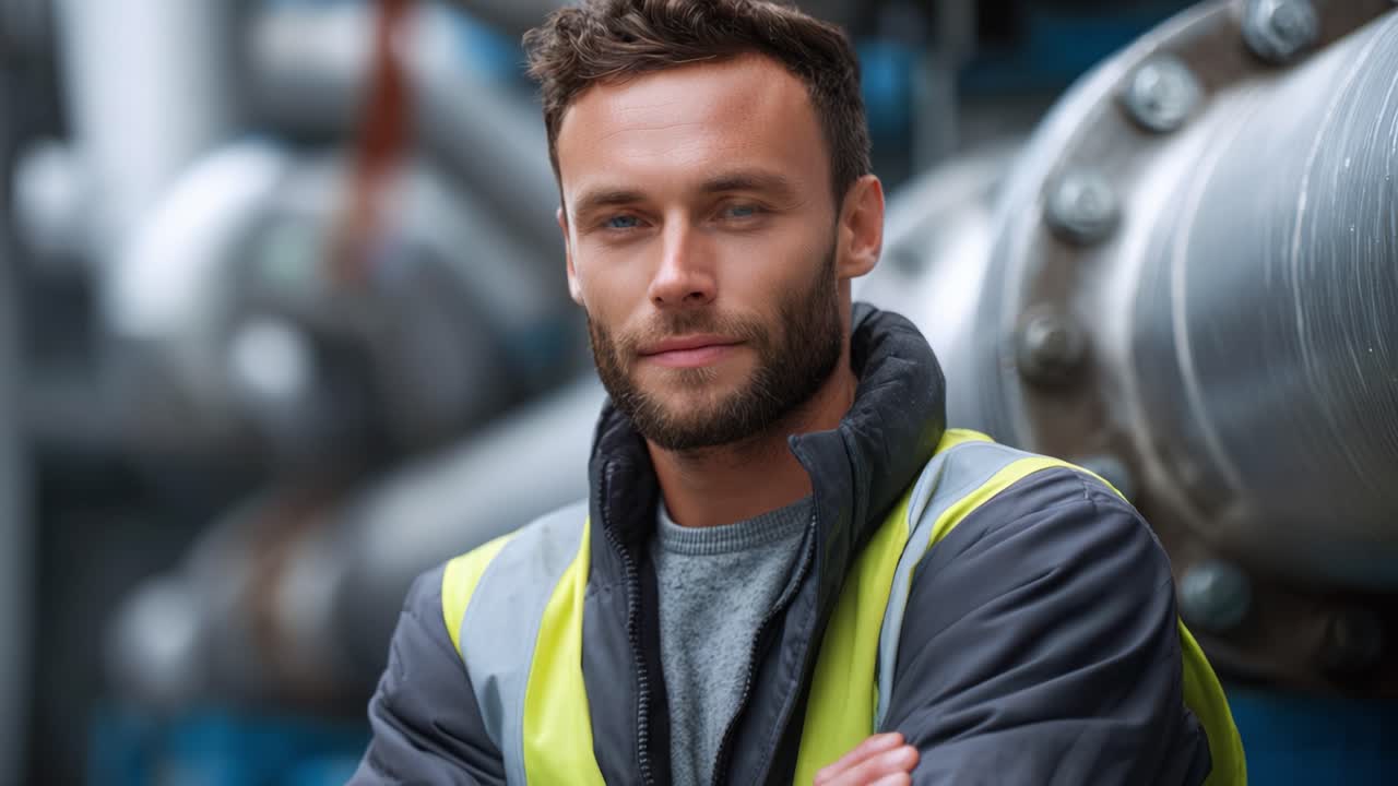 Engagierte Fachkraft in Schutzkleidung auf einem Industriegelände: Professionelles Handhaben von Vorgängen mit Fachwissen und Entschlossenheit, das Engagement für Sicherheit und Effizienz zeigt.