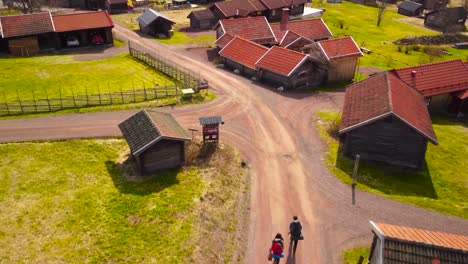 aerial drone footage of a couple of backpackers or hiker walking on a muddy road between cute little houses or villages in sweden that have red rooftops and are surrounded by green grassy lawns, sunny
