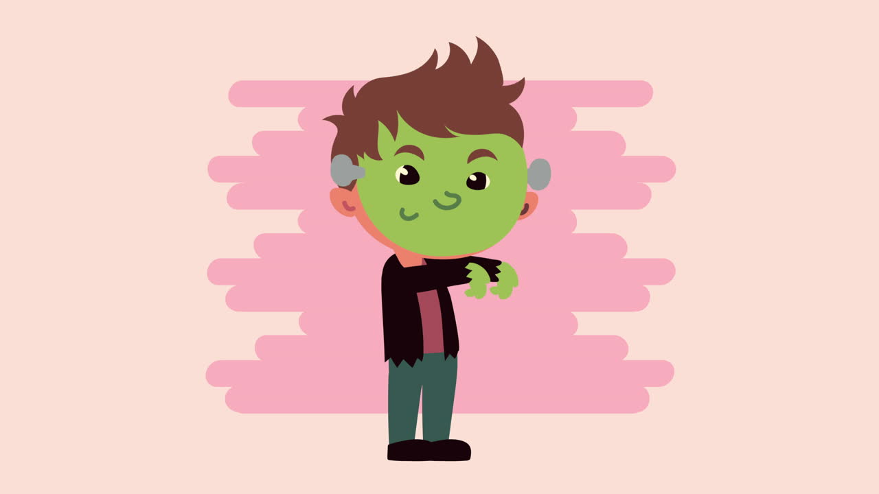animação feliz de halloween com o pequeno frankenstein