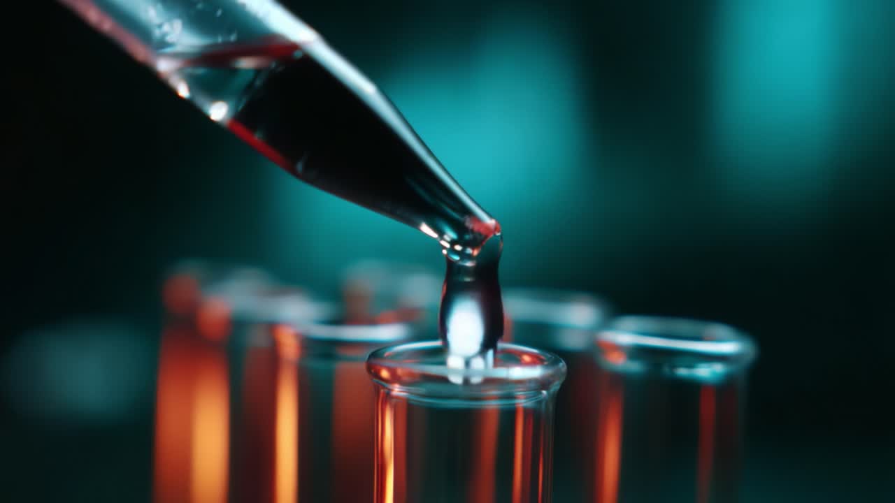 A close-up view of a pipette dripping colored liquid into test tubes, showcasing the intricate details of the drop's formation and the vibrant hues of the contents in the glassware, representing experimentation and science