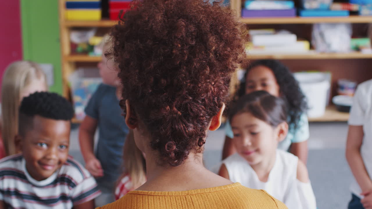 vista trasera de una maestra leyendo un cuento a un grupo de alumnos de primaria en un aula escolar