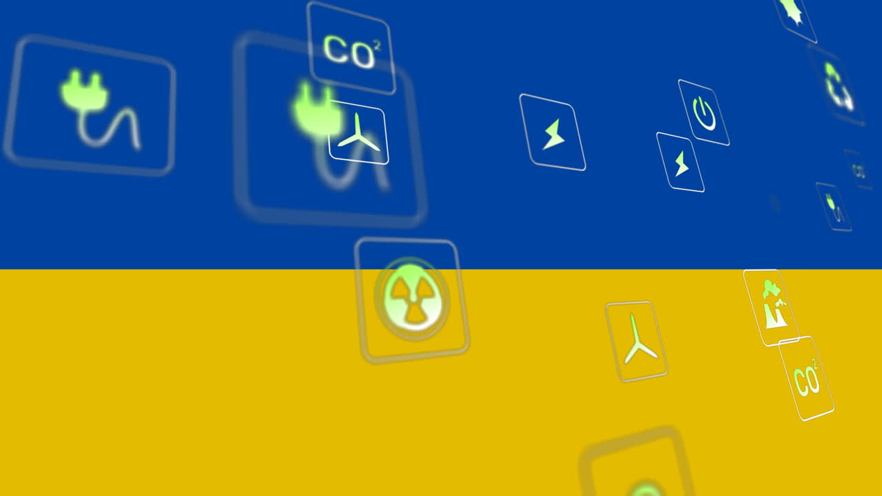 Animation of icons with energy resources floating over flag of ukraine