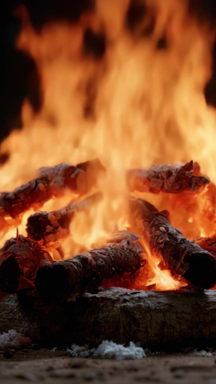 Um Close-Up Cativante de uma Chama Ardente com Brasas Brilhantes e Lenha Estalando, Criando uma Atmosfera Aconchegante e Convidativa para Encontros e Relaxamento.
