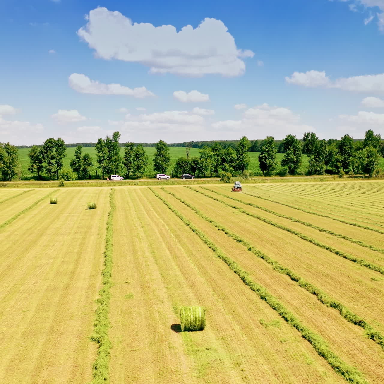 Drone view on the field in summer. Tractor riding on the grassland. Agricultural works in the countryside in sunny summer day. Motion camera straight ahead.