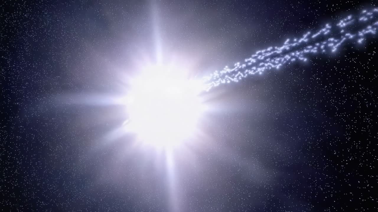 Bingkai video dinamis menunjukkan komet melesat melintasi langit bertabur bintang.