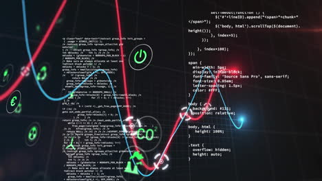 animation of icons over data processing on black background