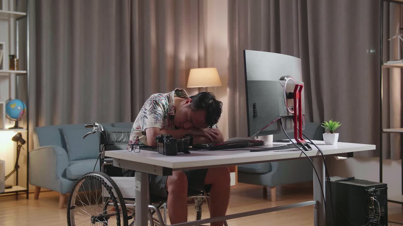 책상에서 잠을 자는 피곤한 사진작가