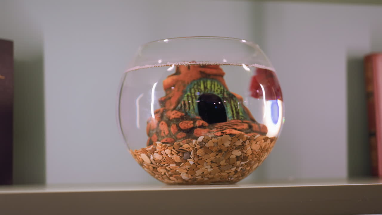 Red fish glides through water inside round glass jar with decorative eye-shaped sculpture and gravel bottom, placed on indoor shelf next to partially visible red book in softly lit setting