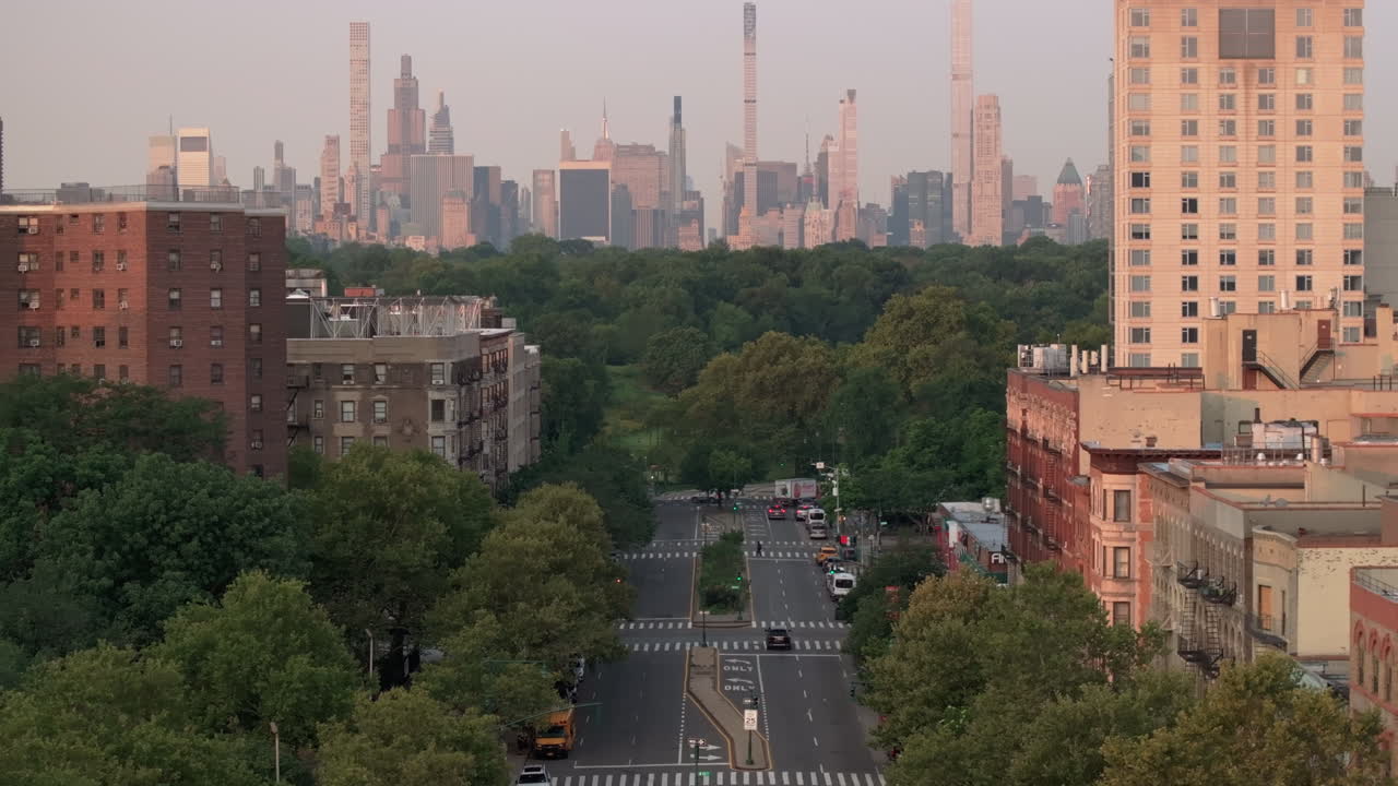 Aerial view of Harlem at sunrise. Shot on a summer morning in New York City