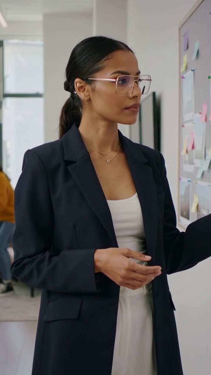 Vertical video: Reading sticky notes, Asian woman in navy blazer gesturing at board presenting