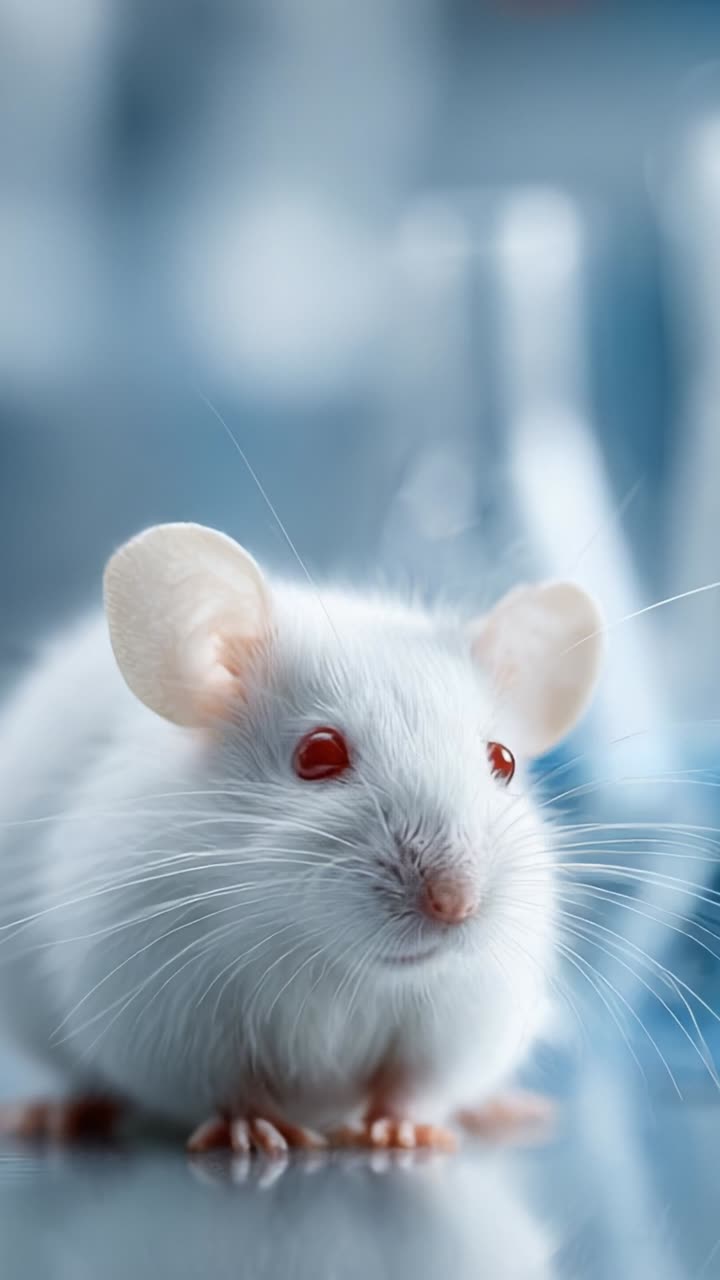 Adorable White Mouse with Distinctive Red Eyes Captured in Laboratory Setting, Showcasing Its Curiosity and Breeding Conditions