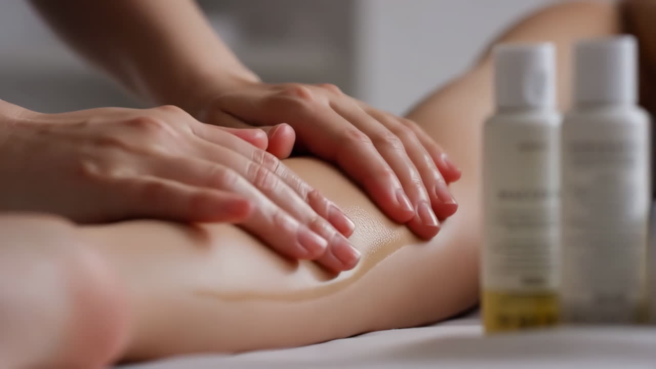 Close-up of hands massaging a leg with oil at a spa